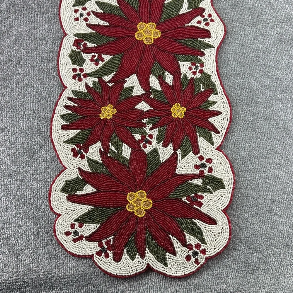 Vintage Beaded Table Runner Christmas Winter Holiday Poinsettia Flower Decor Red